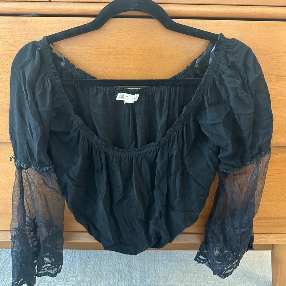 Free People Black Sheer Lace Blouse